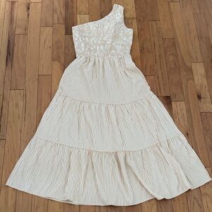 BTFBM | Chic One-Shoulder Cream/White Striped Dress | size M